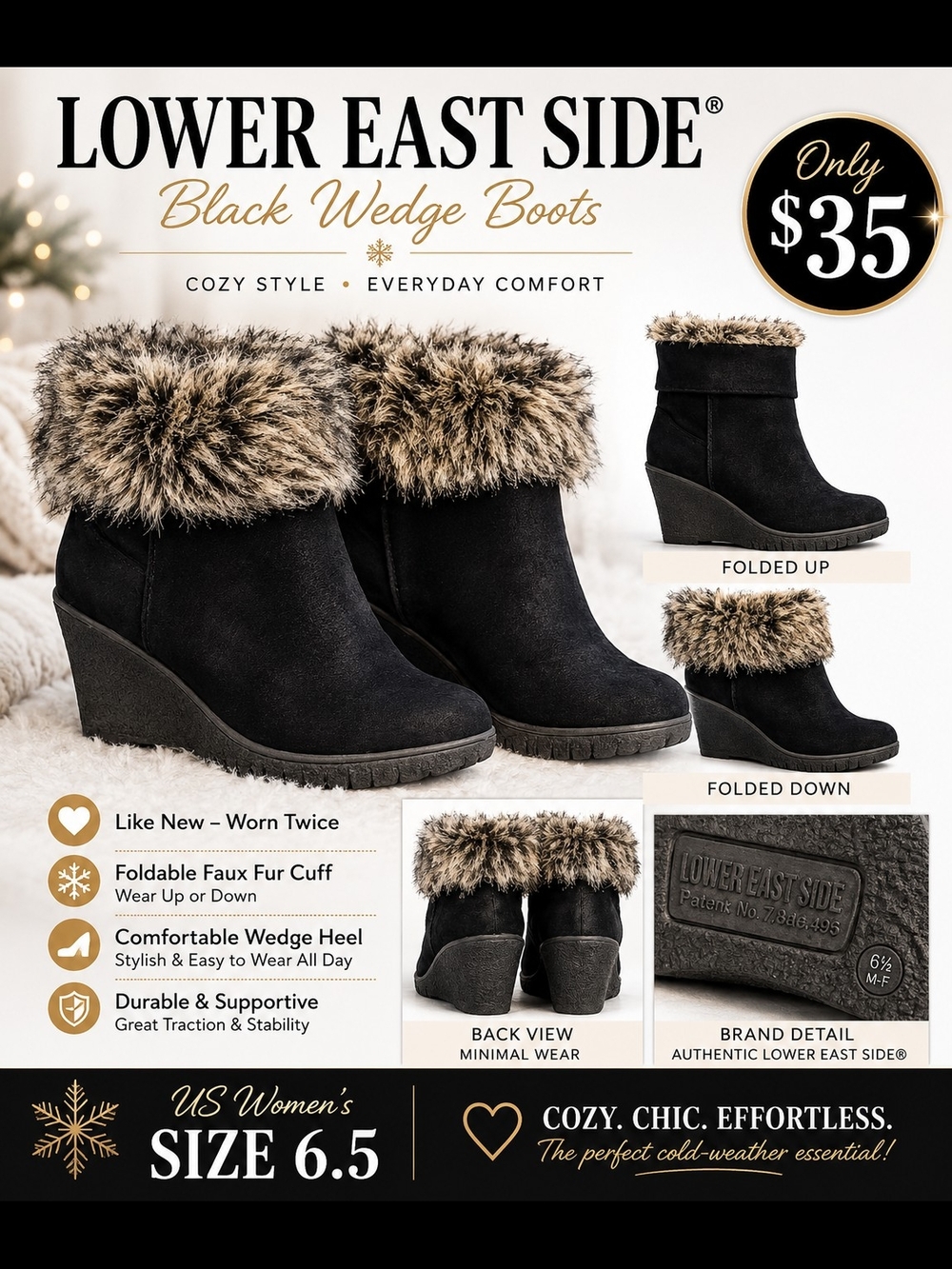 Lower East Side Women’s Black Faux Fur Trim Wedge Boots
